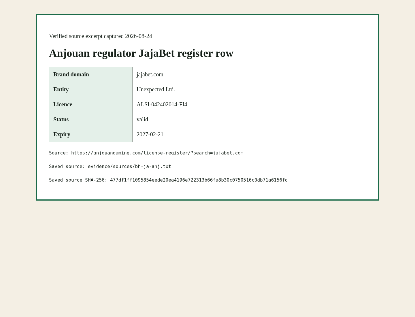 Примарен или официјален доказен запис за JajaBet Casino
