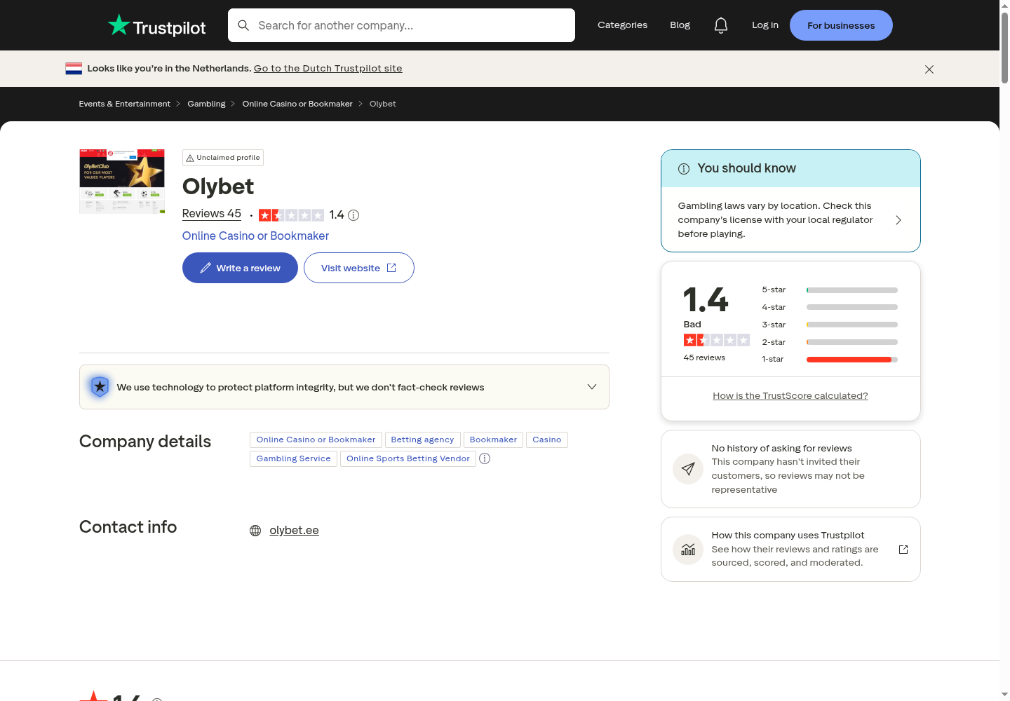 Снимка од кориснички контекст поврзан со доменот olybet.ee