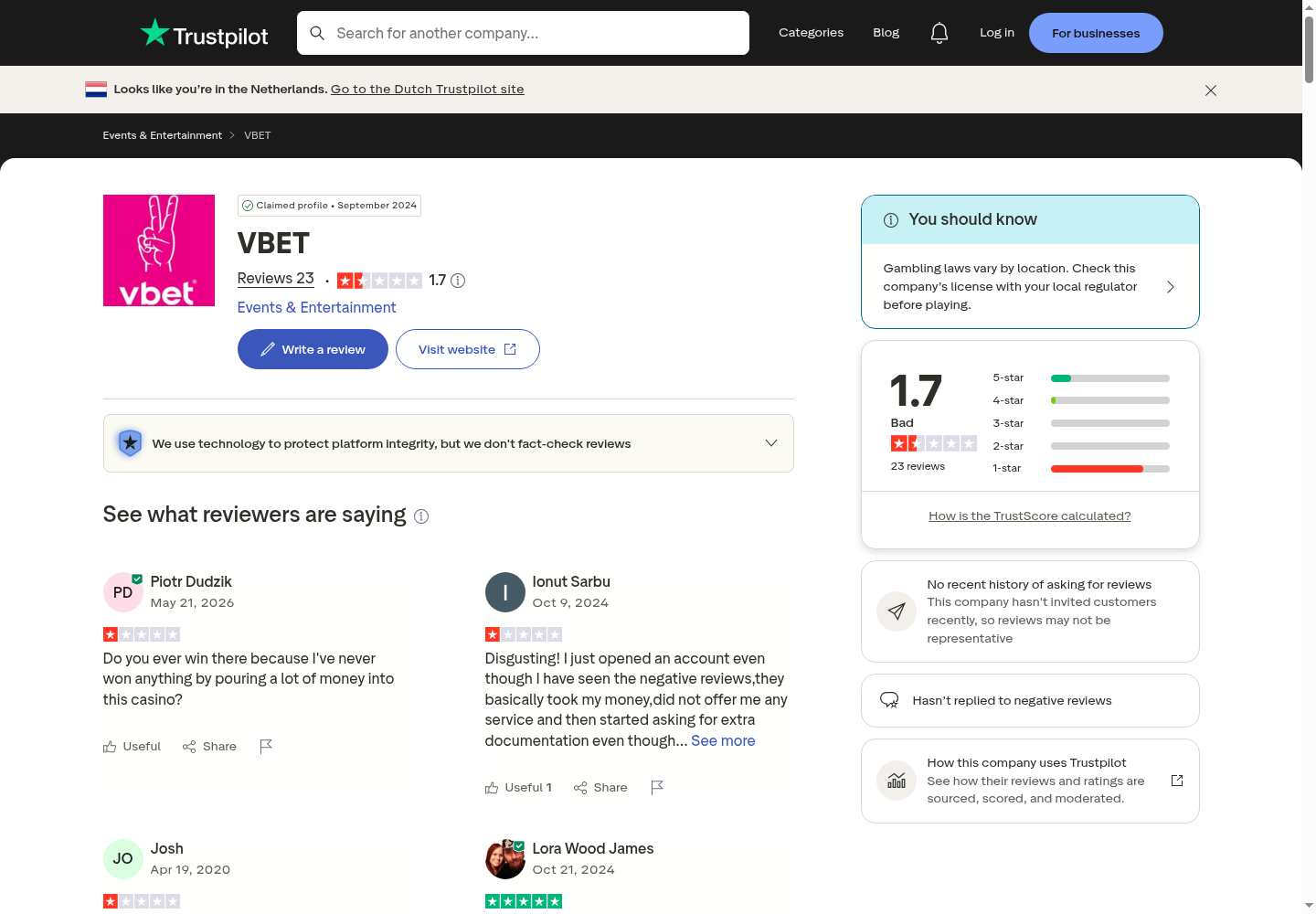 Снимка од независен кориснички контекст поврзан со vbet.com